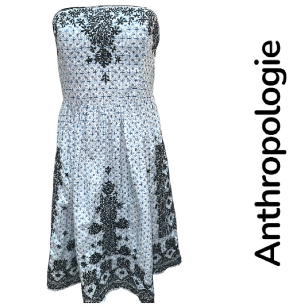 Anthropologie Moulinette Souer Blue and White Strapless Dress with Black Emb